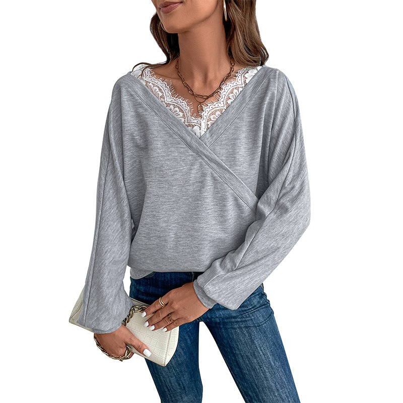 IKEARLAX cross-border women's clothing New autumn 2025 popular V-neck sweater lace splicing top fashion pullover T-shirt