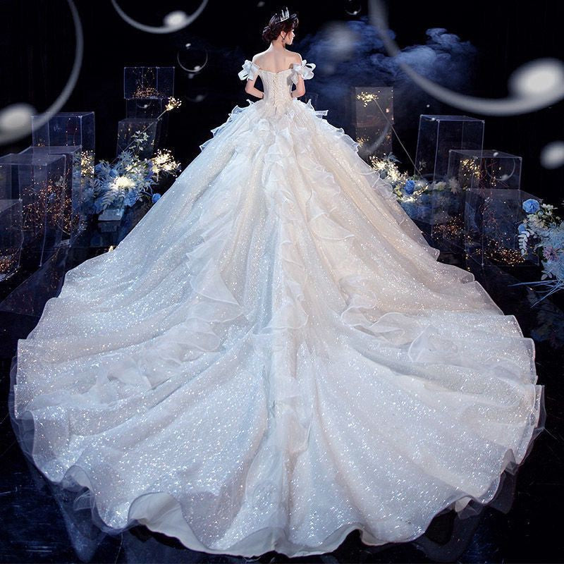 IKEARLAX Wedding Dress Wholesale Temperament Main Wedding Dress Mori Style New Small Tail off-Shoulder Dream Thin Long Floor-Length