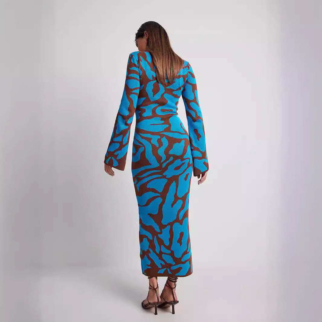 IKEARLAX Stacked European, American autumn and winter new women's clothing cross-border horn sleeve dress printed knitted dress
