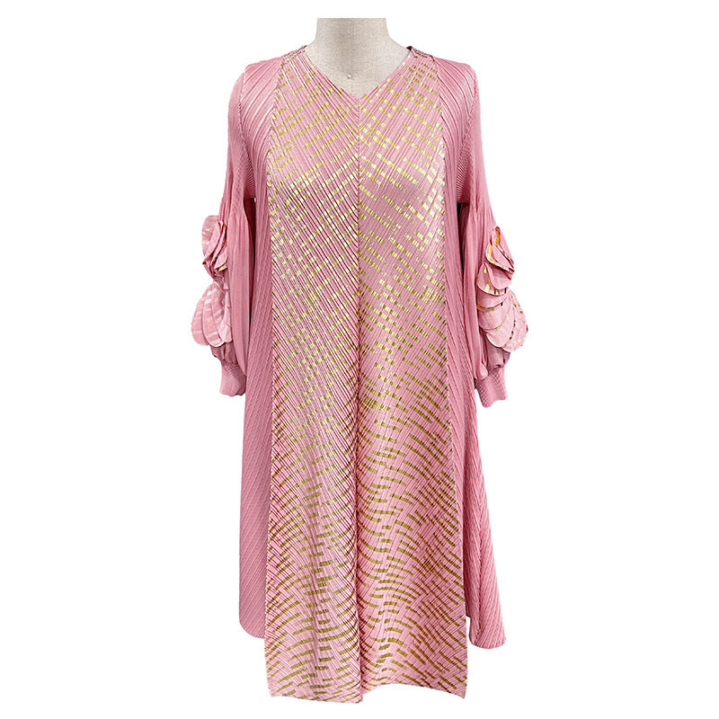 ikearlax Cross-Border Sanzhai Women's Clothing Dress plus Size Women's Bronzing Hand Plate Flower Spring Middle-Aged and Elderly Pleated Dress
