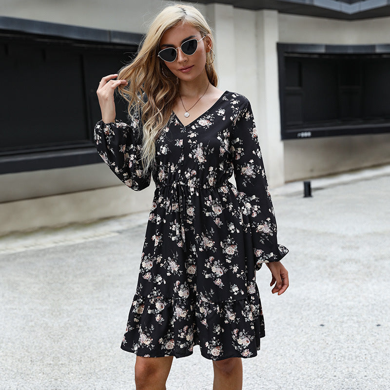 IKEARLAX cross-border trade autumn floral v-neck long-sleeved skirt lace-up A-word dress women