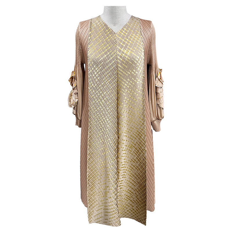 ikearlax Cross-Border Sanzhai Women's Clothing Dress plus Size Women's Bronzing Hand Plate Flower Spring Middle-Aged and Elderly Pleated Dress