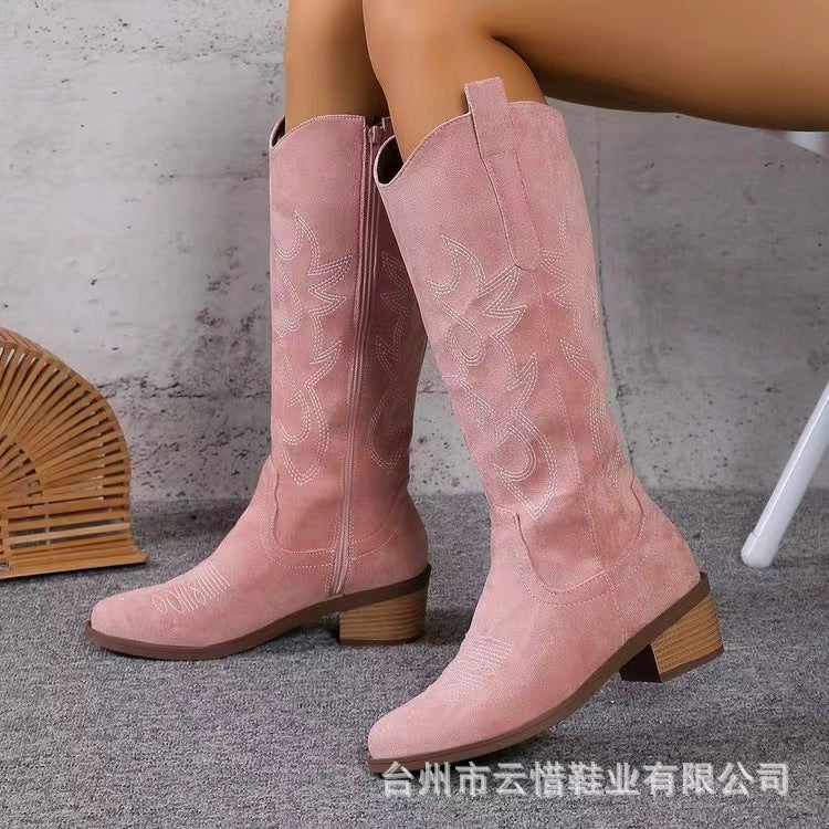 Plus Size Cross-Border Foreign Trade Autumn New HOTan and NEWn Women's Mid-Calf Length Solid Color Pointed Adult Martin Boots Chunky Heel Shoes Boots
