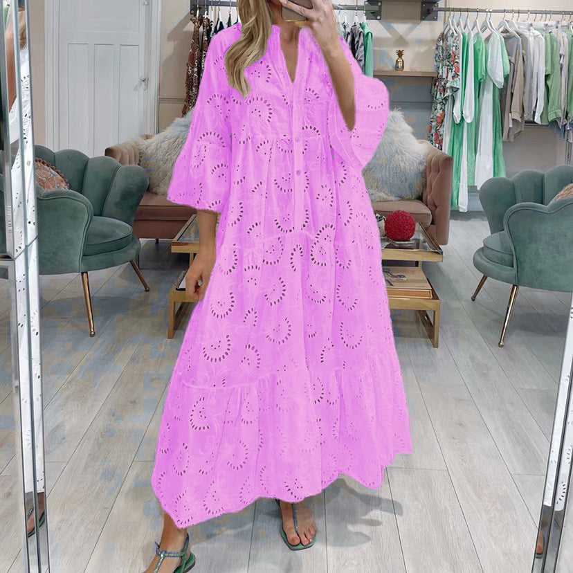 IKEARLAX Cross Border Summer and Autumn Style V-neck Bell Sleeve Lace Hollow out Solid Color Sexy Long Dress Women