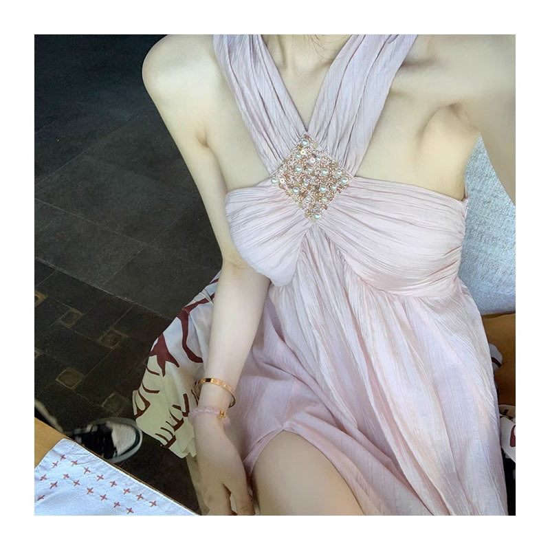 IKEARLAX Yida Goddess Style Holiday Dress Spring/Summer Women's Halter Long Dress New Style Pink