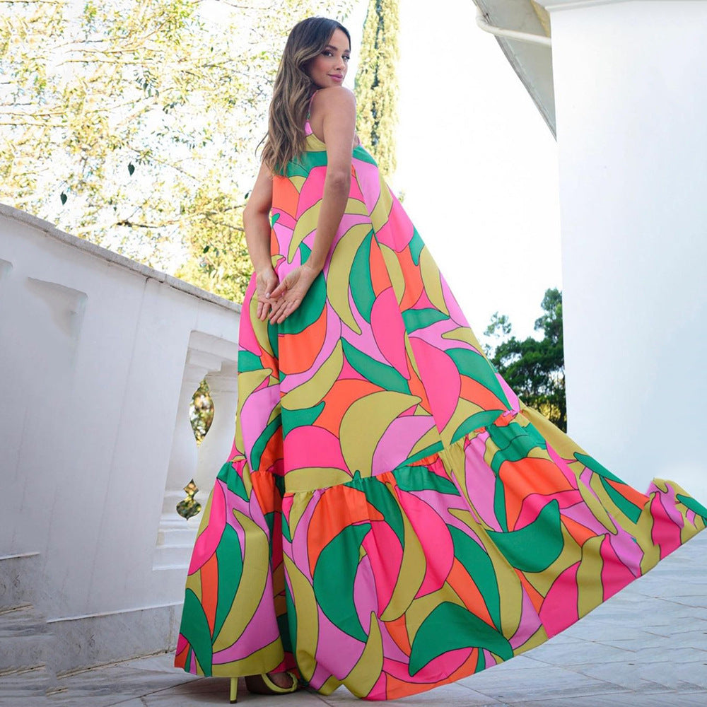 New new spring and summer women's clothing deep V backless dress Bohemian floral suspender long skirt