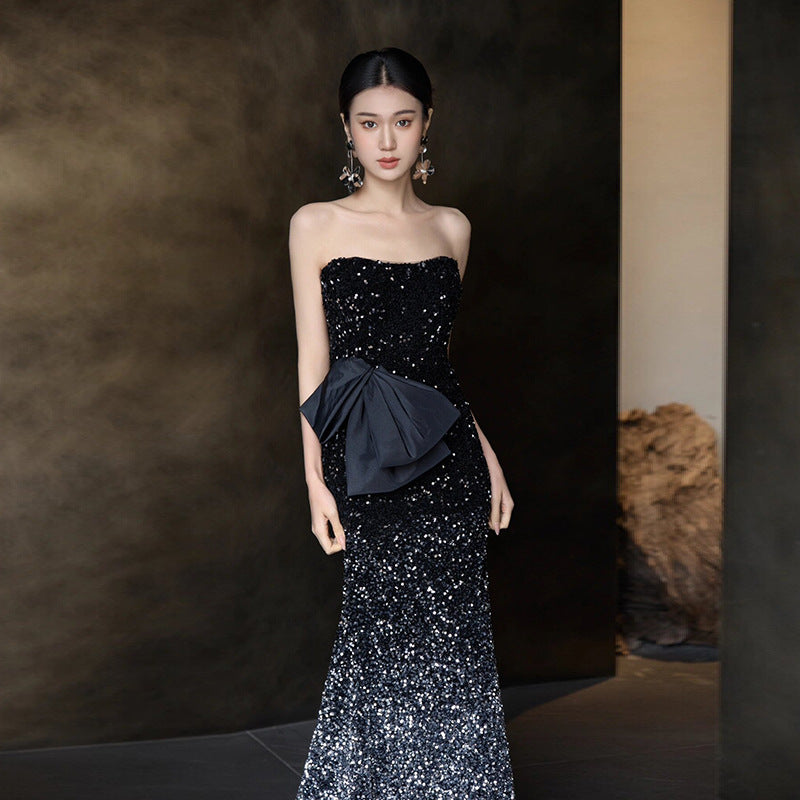 IKEARLAX Tube Top Evening Dress Light Luxury Minority Art Exam Advanced Sense Gradient Morning Gowns Sequined Host Ladies Banquet Dress