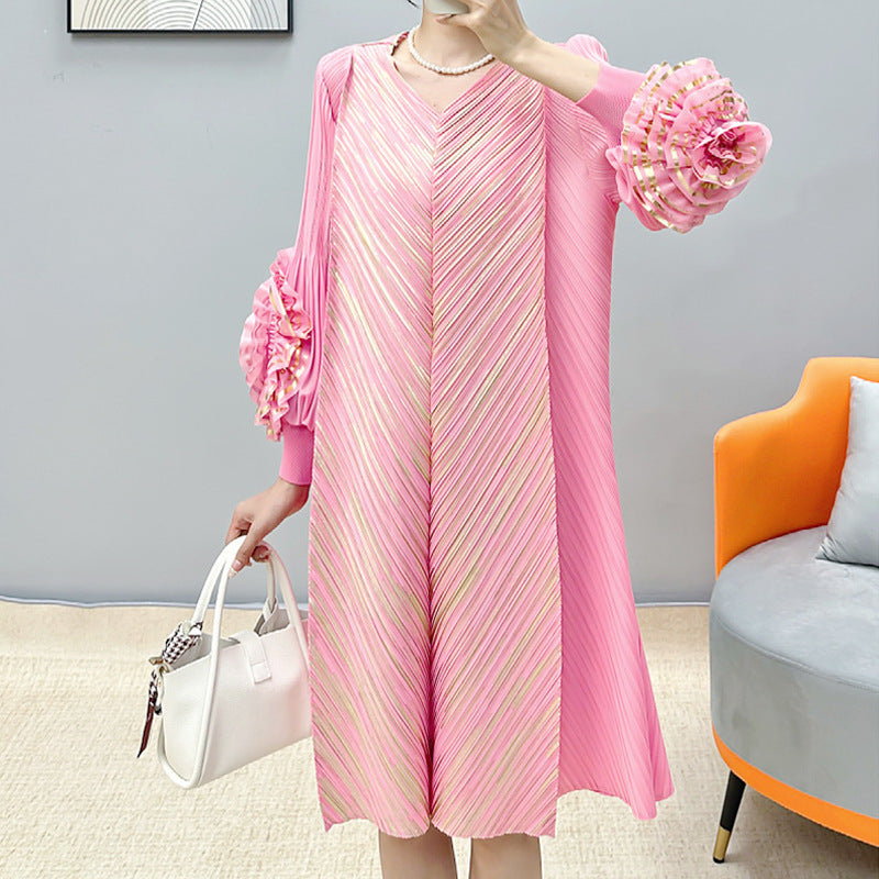 ikearlax Cross-Border Sanzhai Women's Clothing Dress plus Size Women's Bronzing Hand Plate Flower Spring Middle-Aged and Elderly Pleated Dress