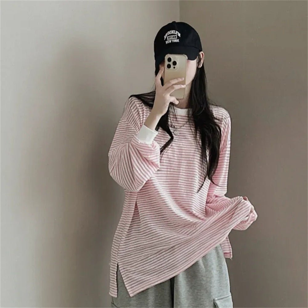 IKEARLAXManufacturer reversion Korean version crew neck striped sweater women's spring and autumn thin jacket trendy brand velvet Internet celebrity loose design sense