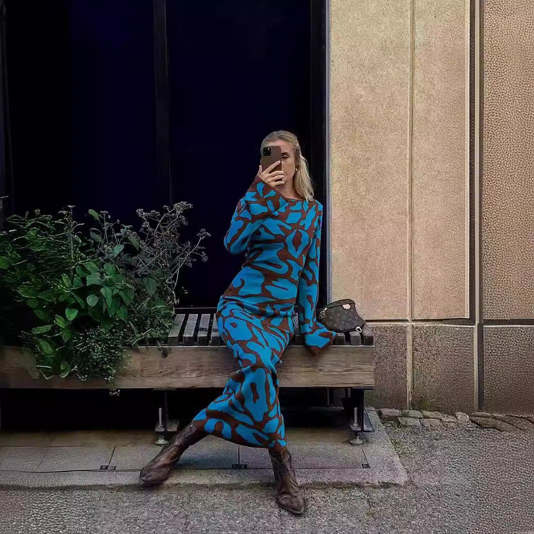 IKEARLAX Stacked European, American autumn and winter new women's clothing cross-border horn sleeve dress printed knitted dress