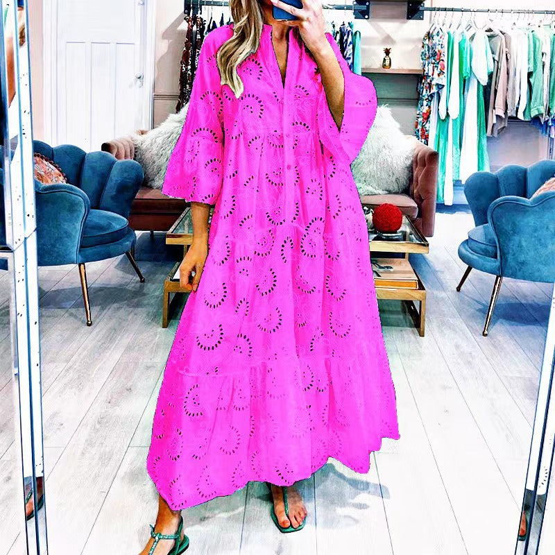 IKEARLAX Cross Border Summer and Autumn Style V-neck Bell Sleeve Lace Hollow out Solid Color Sexy Long Dress Women