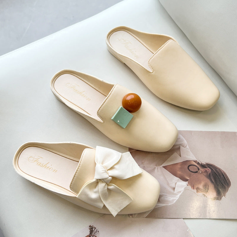 Socialite Style Closed Toe Half Slippers Women's Spring/Summer New Outdoor Simple Lazy Home Flat Slippers Internet Celebrity