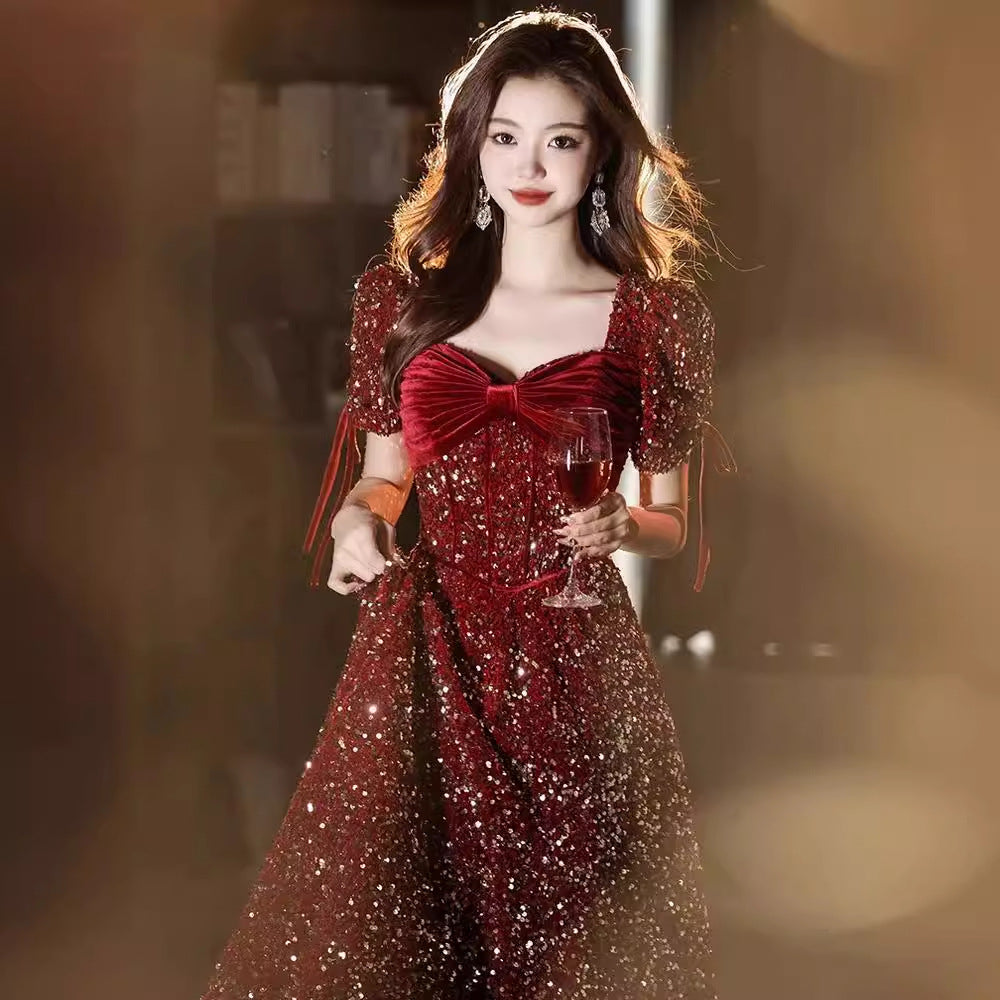 IKEARLAX Red Toast Dress Bride High-Grade Little Engagement Dress Wedding Dress Sequined Princess on the Run
