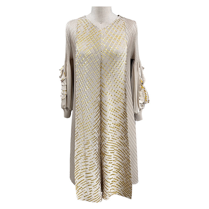 ikearlax Cross-Border Sanzhai Women's Clothing Dress plus Size Women's Bronzing Hand Plate Flower Spring Middle-Aged and Elderly Pleated Dress