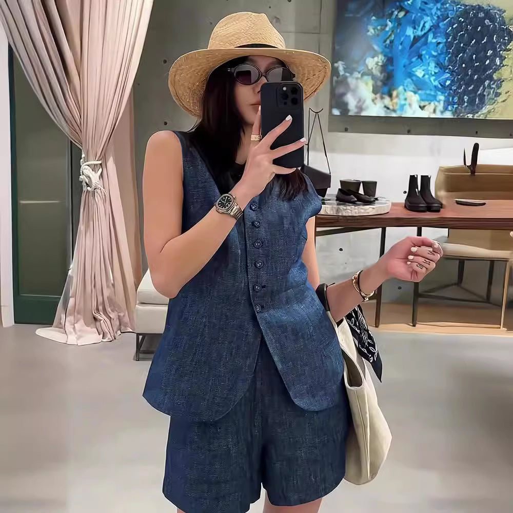 Retro Blue Linen Denim Suit Women's Summer Hong Kong Style Casual Sleeveless Vest Cardigan Shorts Fashion Two-Piece Suit