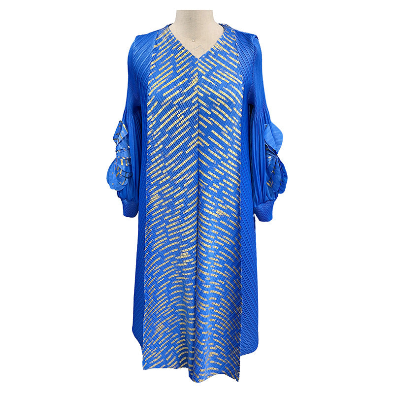 ikearlax Cross-Border Sanzhai Women's Clothing Dress plus Size Women's Bronzing Hand Plate Flower Spring Middle-Aged and Elderly Pleated Dress