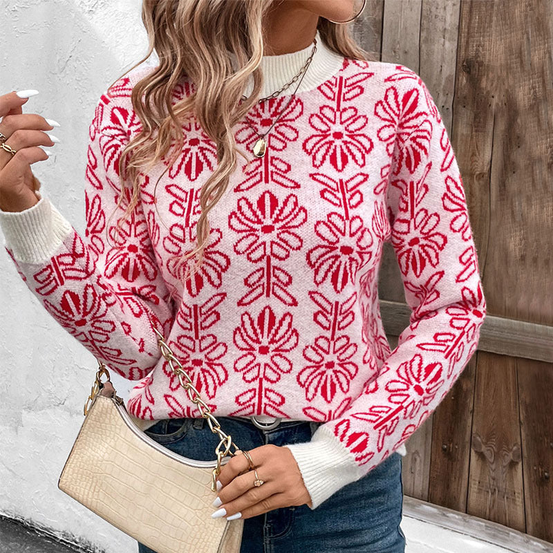 IKEARLAX Valentine's Day semi-turtleneck knitted sweater New autumn and winter 2025 flowers jacquard pink sweater women