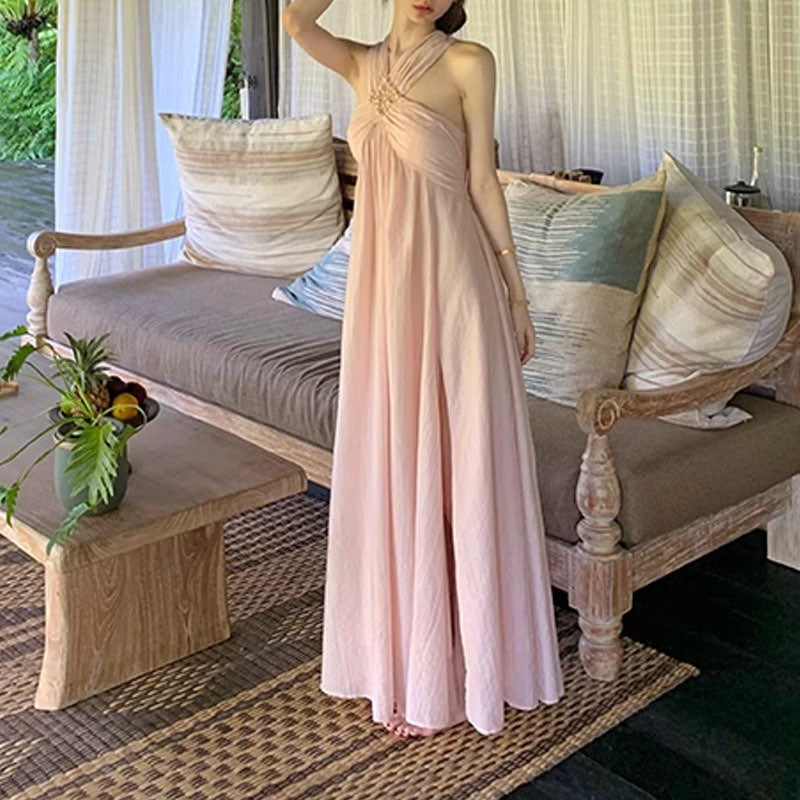 IKEARLAX Yida Goddess Style Holiday Dress Spring/Summer Women's Halter Long Dress New Style Pink
