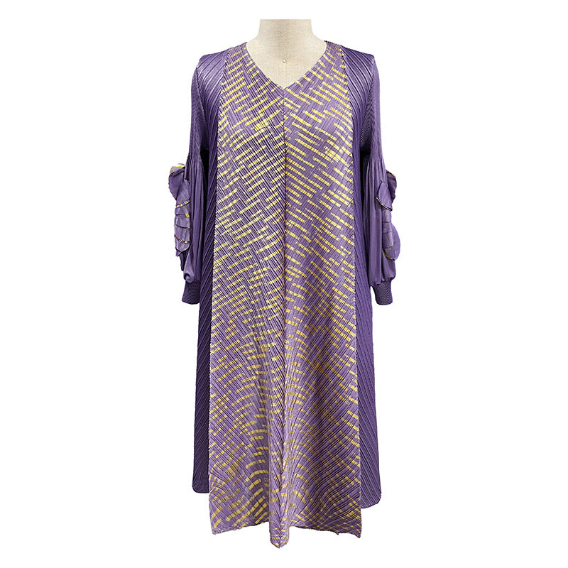 ikearlax Cross-Border Sanzhai Women's Clothing Dress plus Size Women's Bronzing Hand Plate Flower Spring Middle-Aged and Elderly Pleated Dress