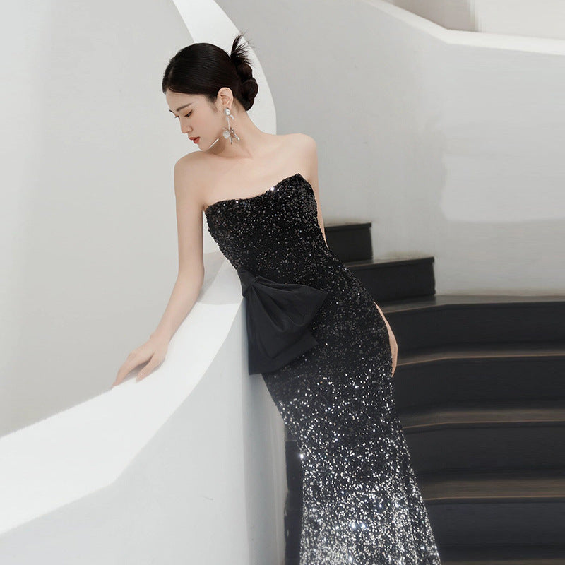 IKEARLAX Tube Top Evening Dress Light Luxury Minority Art Exam Advanced Sense Gradient Morning Gowns Sequined Host Ladies Banquet Dress