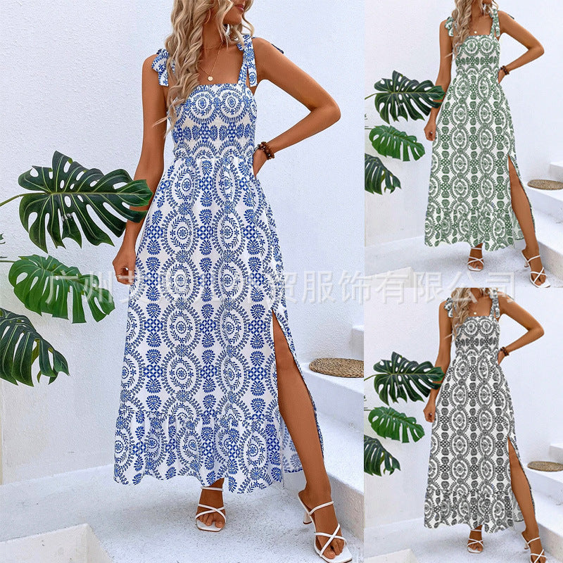 2025 Popular, , New women's clothing summer new fashion suspender printing sleeveless split long dress