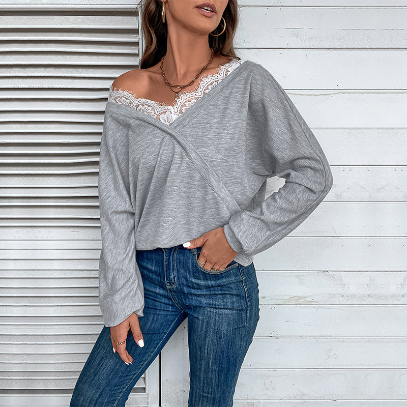 IKEARLAX cross-border women's clothing New autumn 2025 popular V-neck sweater lace splicing top fashion pullover T-shirt