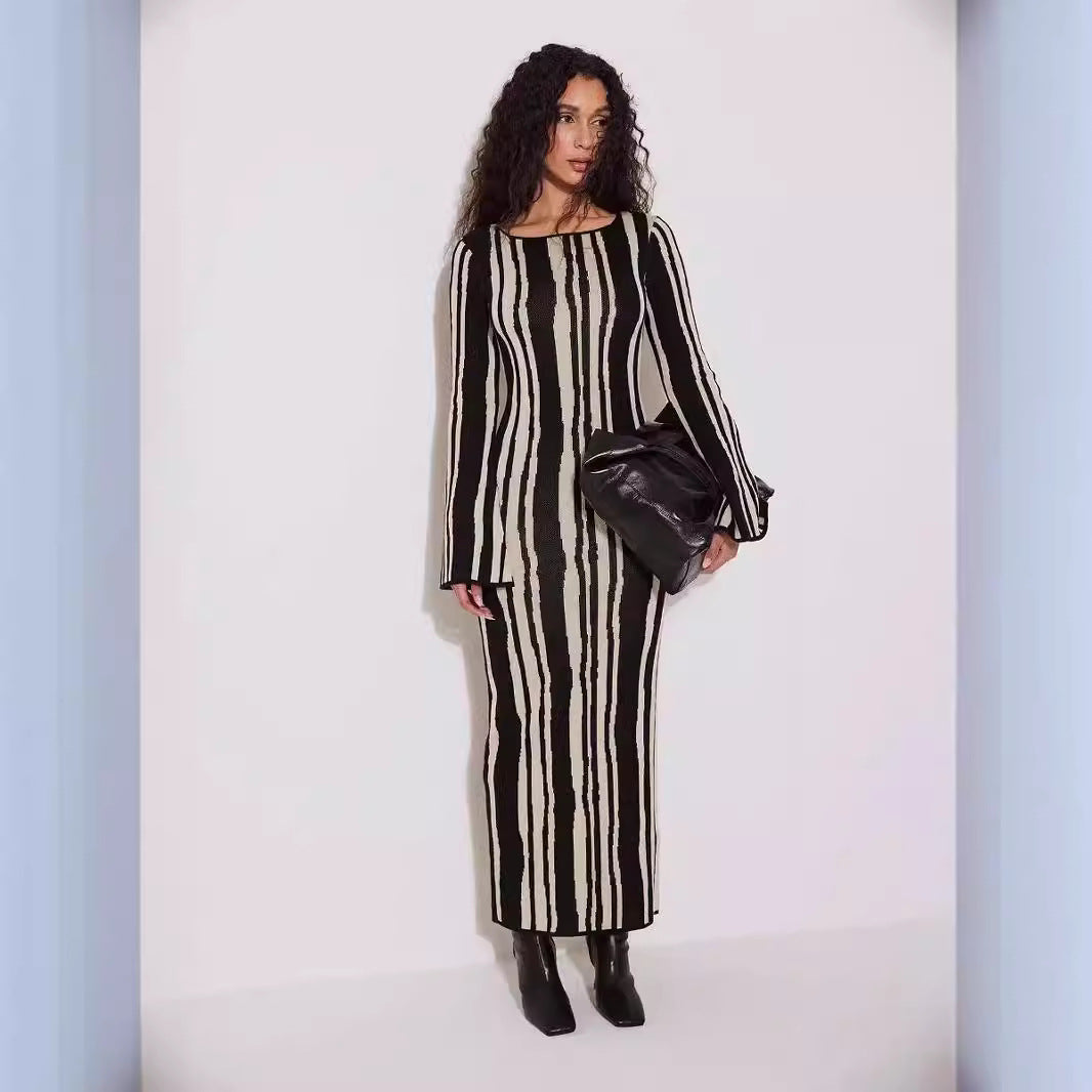 IKEARLAX Stacked European, American autumn and winter new women's clothing cross-border horn sleeve dress printed knitted dress