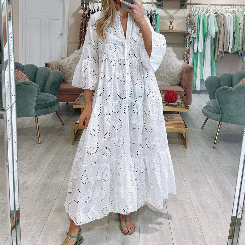 IKEARLAX Cross Border Summer and Autumn Style V-neck Bell Sleeve Lace Hollow out Solid Color Sexy Long Dress Women