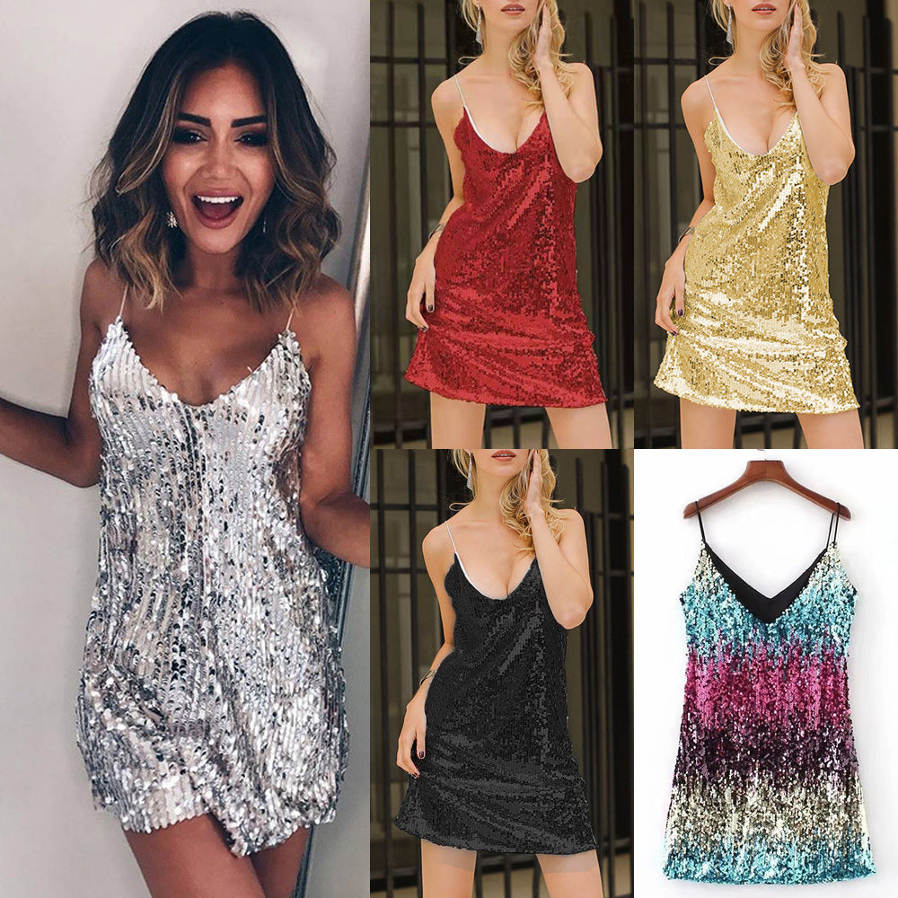 summer New women's clothing new wish dress sleeveless sexy short skirt sequined V-neck suspender short skirt