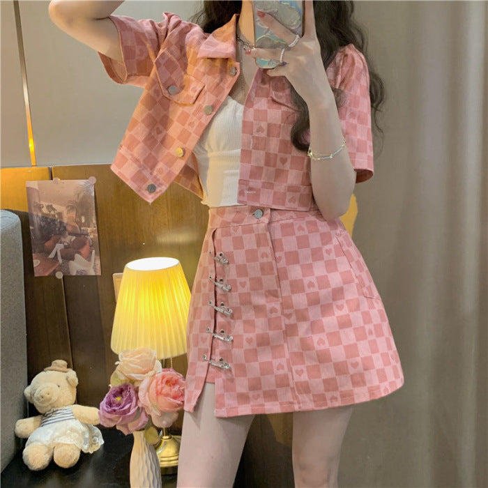 Chanel Suit Women's Summer Wear New Design Sense Love Plaid Short Short Sleeve Jacket Two-Piece Set