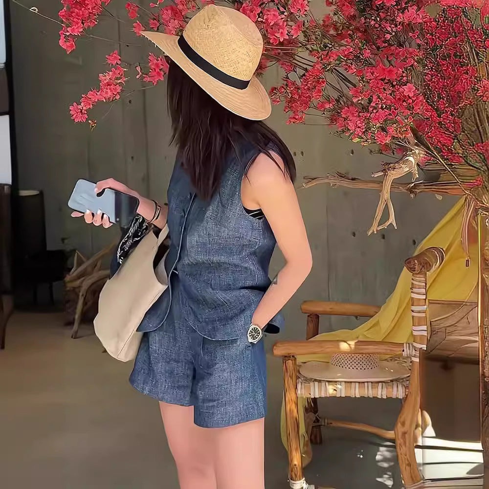 Retro Blue Linen Denim Suit Women's Summer Hong Kong Style Casual Sleeveless Vest Cardigan Shorts Fashion Two-Piece Suit
