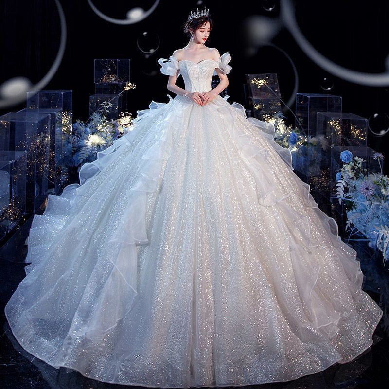 IKEARLAX Wedding Dress Wholesale Temperament Main Wedding Dress Mori Style New Small Tail off-Shoulder Dream Thin Long Floor-Length