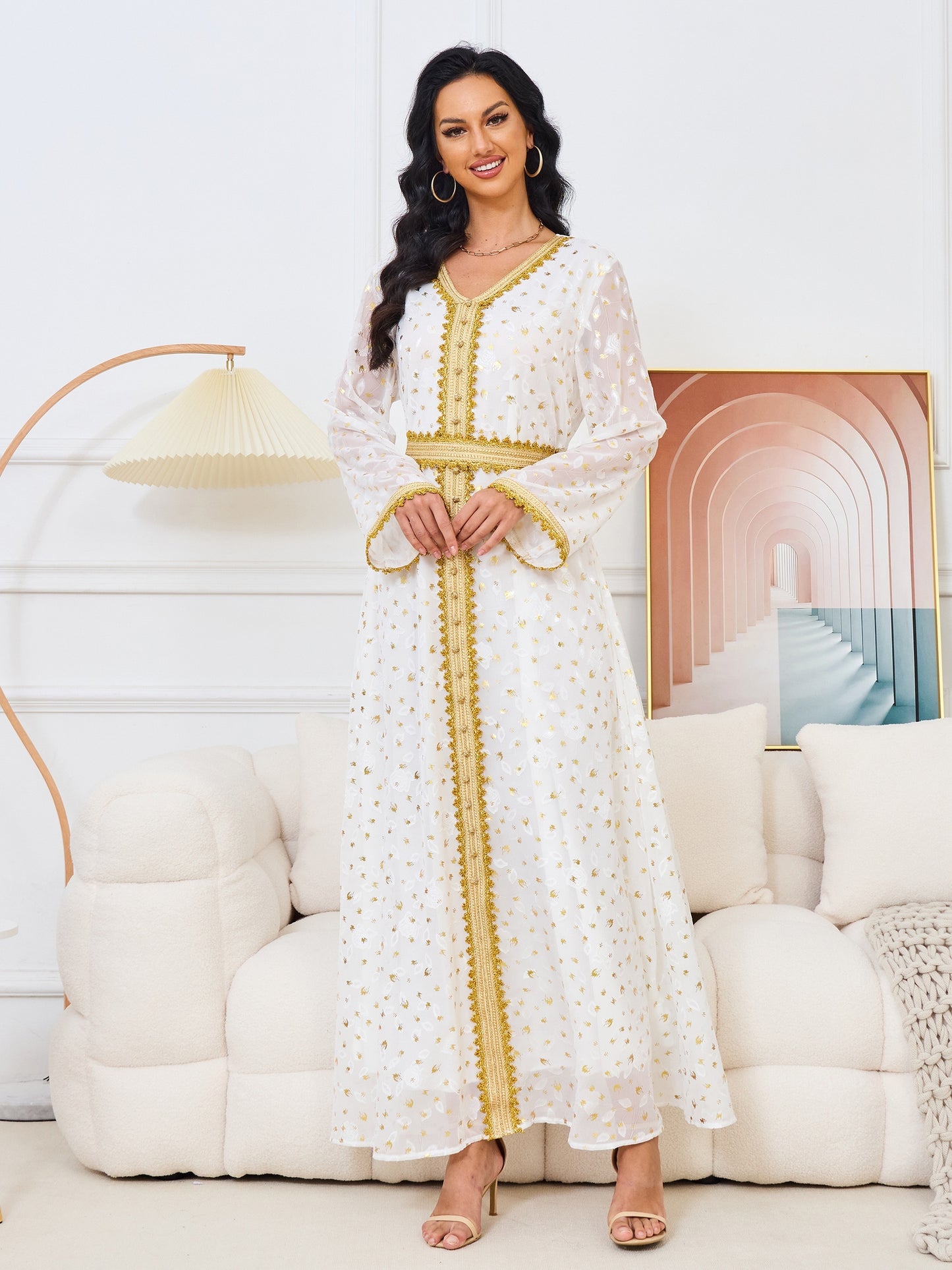 Stunning Floral V Neck Pendulum Maxi Dress - Elegant Long Sleeve, Belted, Woven Polyester Fabric, All-Season, Middle East Style - Perfect for Womens Formal Occasions