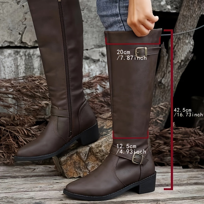 Stylish Chunky Heel Knight Boots for Women - Comfortable Pull-On Design with Side Zipper, Buckle Belt, and Solid Color Options - Perfect for Casual and Formal Occasions