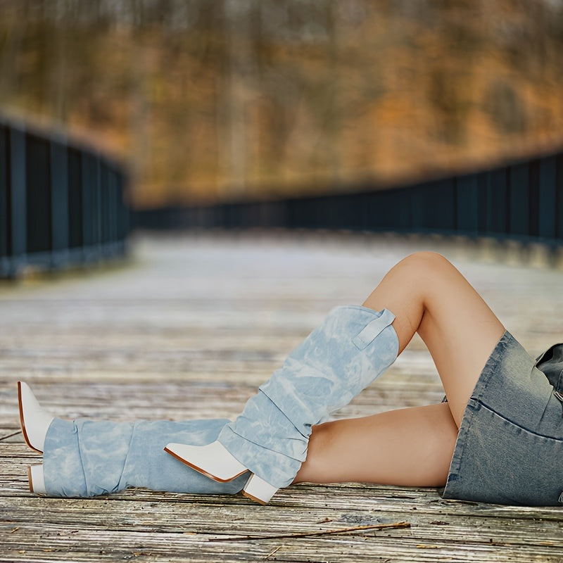 Womens Cowboy Boots - Knee-High Elegance with Sharp Pointed Toe - Effortless Pull-On Western Style - Stacked Chunk Heel for Stability - Fashionable Mid Calf Fold-Over Design - Premium PU Faux Leather