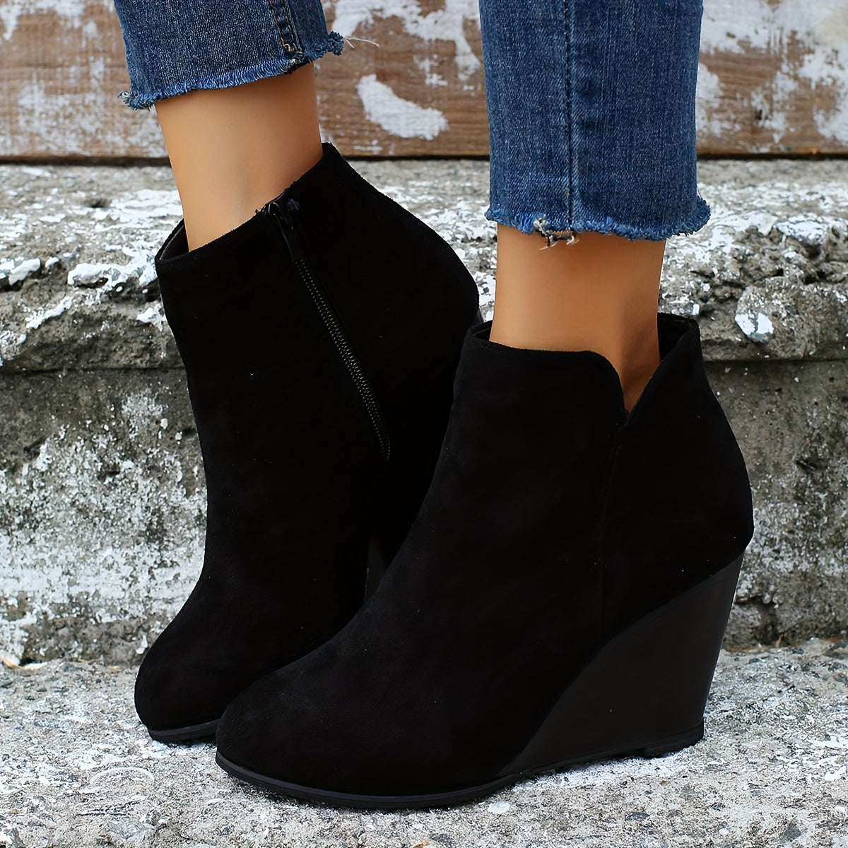 Women's Solid Color Boots, Side Zipper Heightening Wedge Casual Boots, Versatile Comfy Daily Shoes