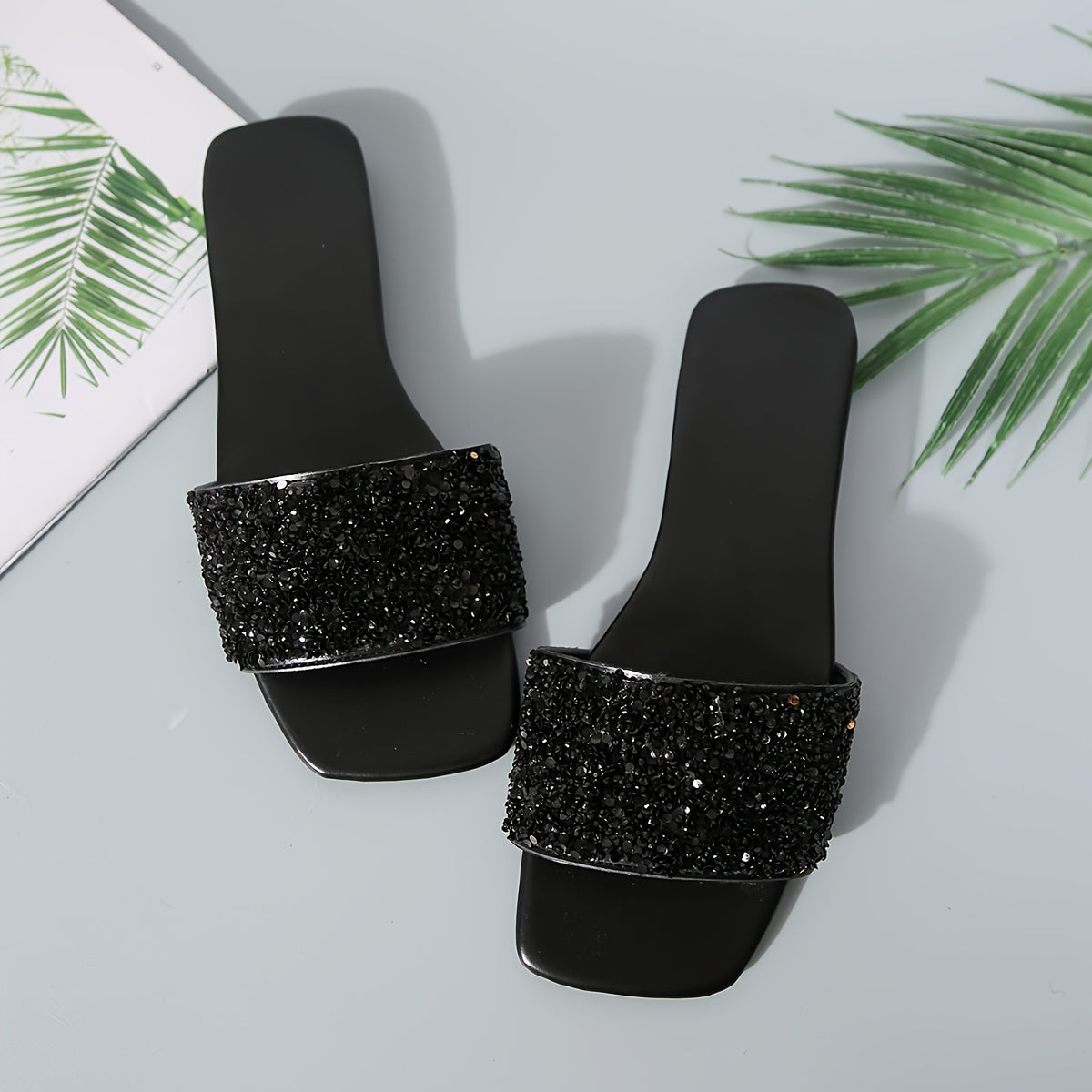 Vibrant Sequin Embellished Square Toe Flat Slides for Women - Stylish, Fashionable, and Comfortable Open-Toe Summer Shoes for Beach, Outdoor, and Casual Occasions - Perfect for Warm Weather, Vacation, and Relaxation