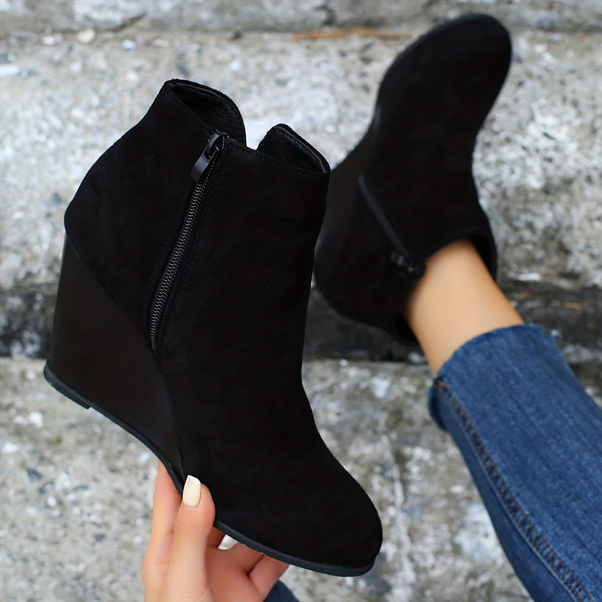 Women's Solid Color Boots, Side Zipper Heightening Wedge Casual Boots, Versatile Comfy Daily Shoes