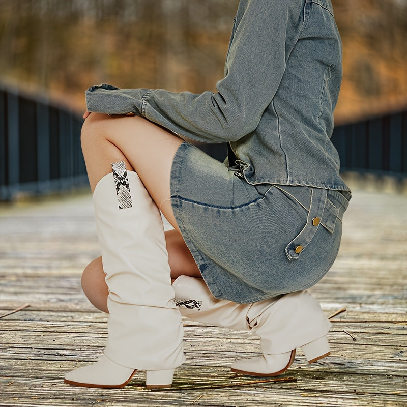 Womens Cowboy Boots - Knee-High Elegance with Sharp Pointed Toe - Effortless Pull-On Western Style - Stacked Chunk Heel for Stability - Fashionable Mid Calf Fold-Over Design - Premium PU Faux Leather