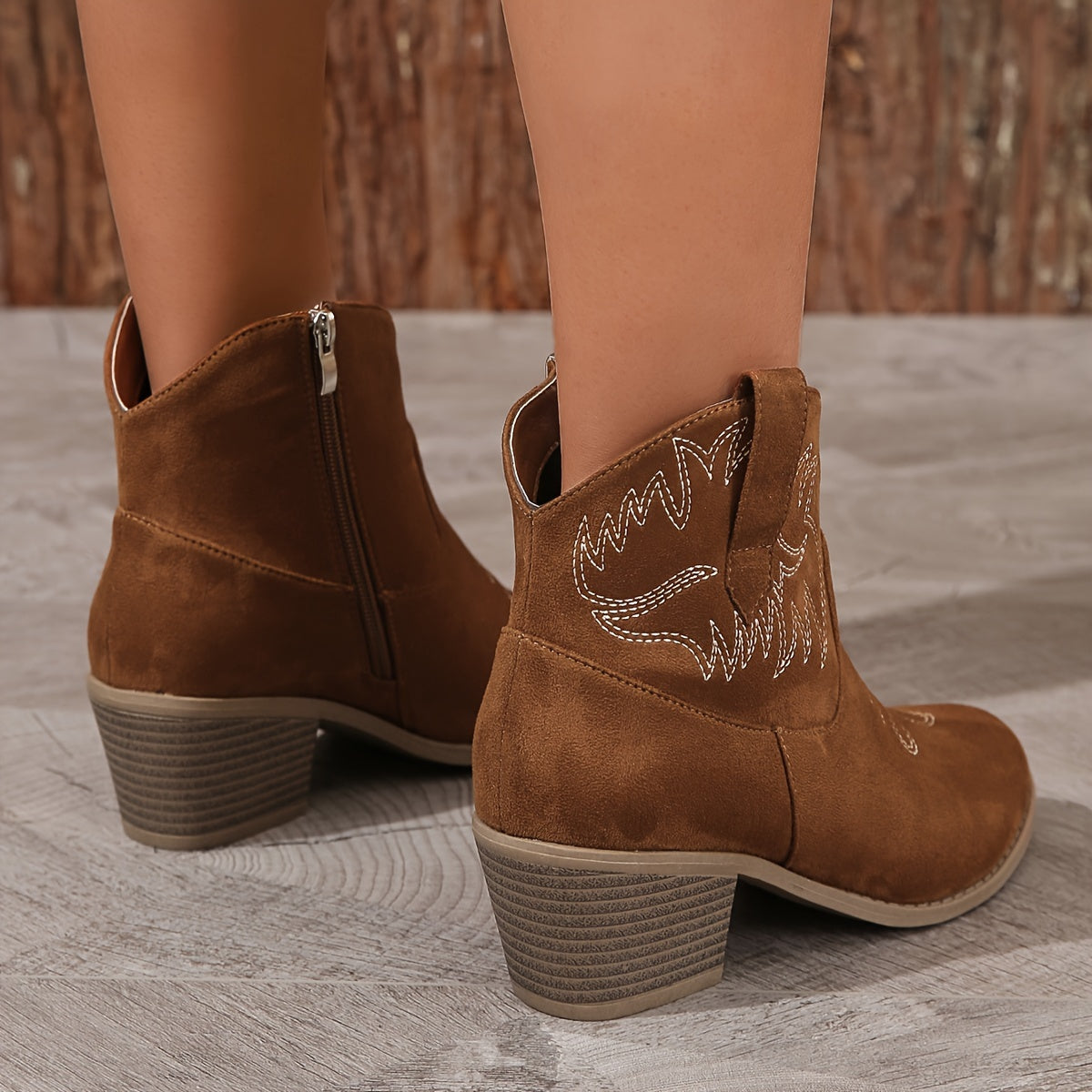 Women's Western Ankle Boots, Retro Embroidered V-cut Chunky Heeled Cowboy Boots, Casual Side Zipper Short Boots
