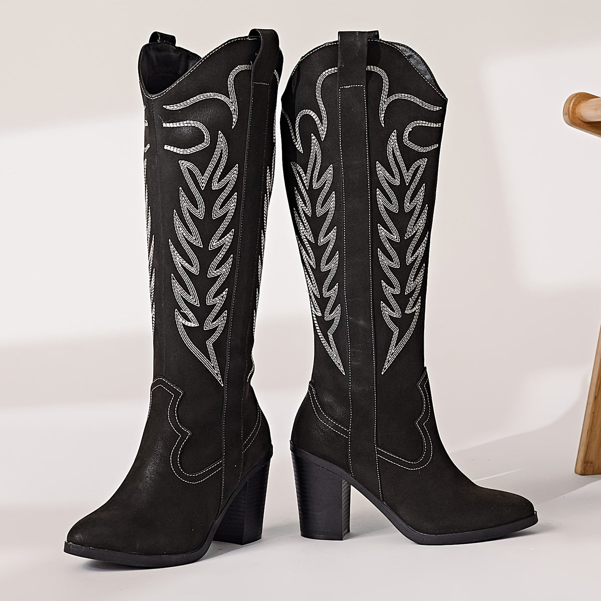 Western Cowboy Boots - Tall Knee High, Sleek Pointed Toe, Sturdy Chunky Heel - Classic Western Style for Women, Cowgirl Inspired, Timeless Black Color