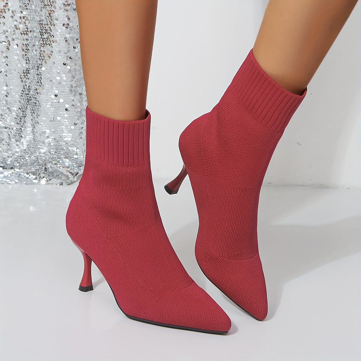Womens Solid Color Knitted High Heel Boots - Comfortable Slip-On, Stretchy Fit, Trendy Pointed Toe - Warm Winter Stylish Slim Boots for Casual Chic