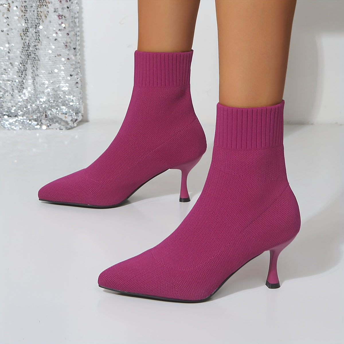 Womens Solid Color Knitted High Heel Boots - Comfortable Slip-On, Stretchy Fit, Trendy Pointed Toe - Warm Winter Stylish Slim Boots for Casual Chic