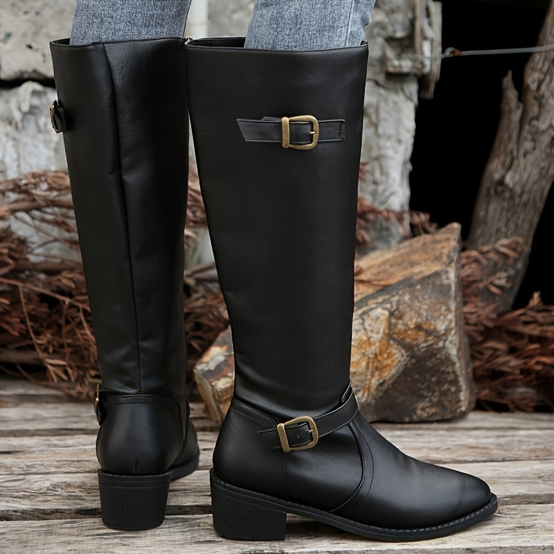 Stylish Chunky Heel Knight Boots for Women - Comfortable Pull-On Design with Side Zipper, Buckle Belt, and Solid Color Options - Perfect for Casual and Formal Occasions