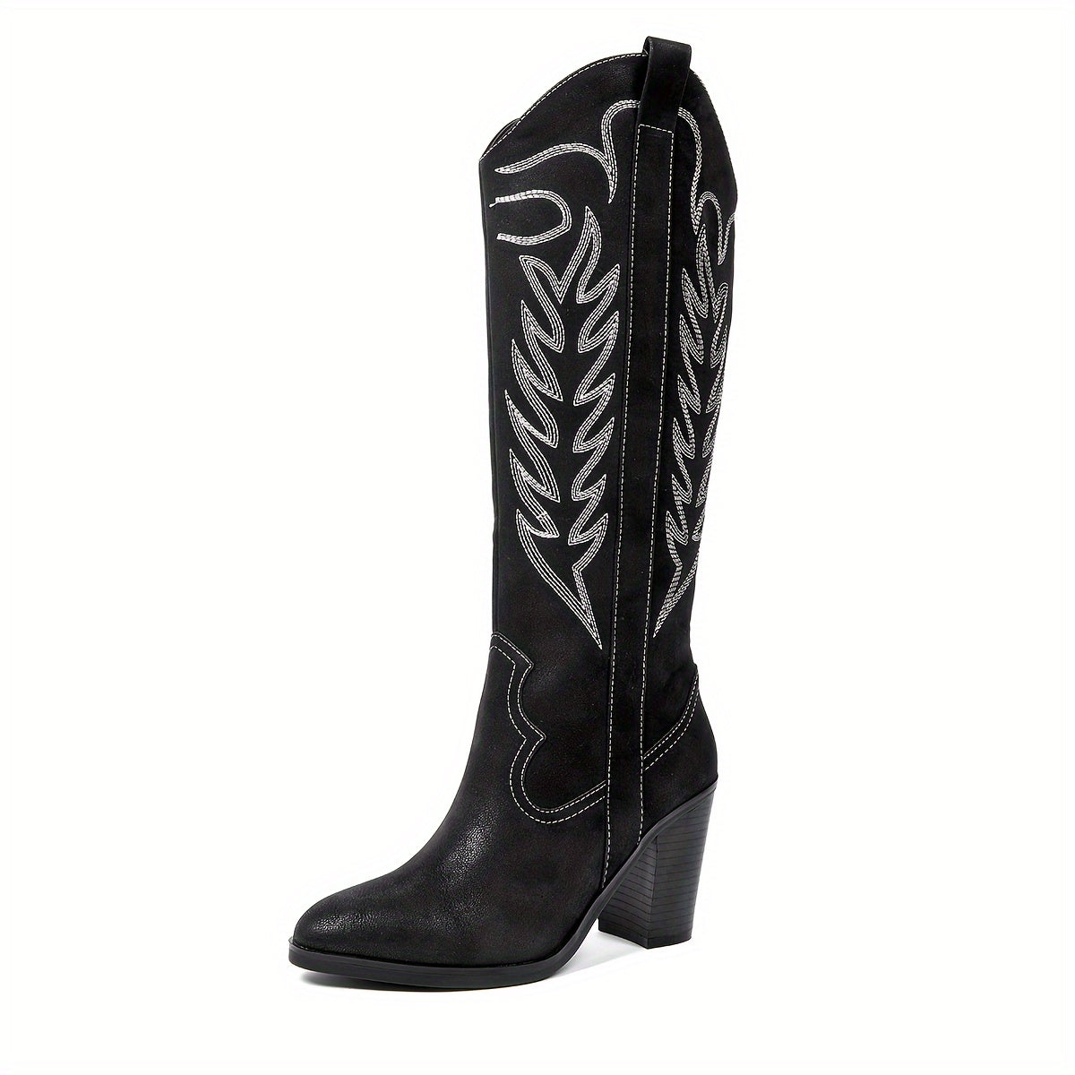 Western Cowboy Boots - Tall Knee High, Sleek Pointed Toe, Sturdy Chunky Heel - Classic Western Style for Women, Cowgirl Inspired, Timeless Black Color