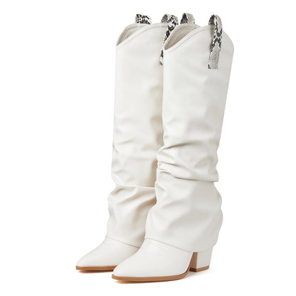 Womens Cowboy Boots - Knee-High Elegance with Sharp Pointed Toe - Effortless Pull-On Western Style - Stacked Chunk Heel for Stability - Fashionable Mid Calf Fold-Over Design - Premium PU Faux Leather