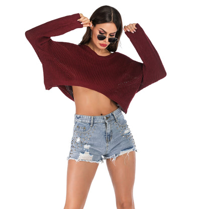IKEARLAX  Popular trade popular autumn and winter ,  and  irregular V-neck pullover short navel knitted sweater women