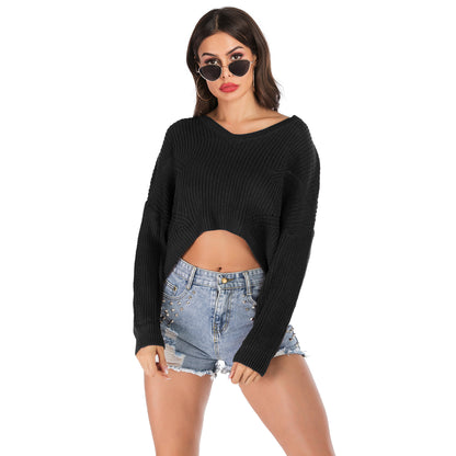 IKEARLAX  Popular trade popular autumn and winter ,  and  irregular V-neck pullover short navel knitted sweater women