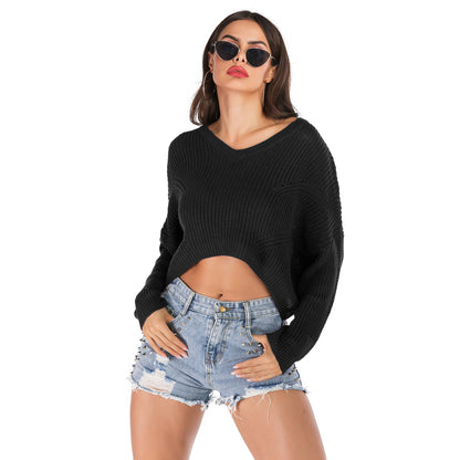 IKEARLAX  Popular trade popular autumn and winter ,  and  irregular V-neck pullover short navel knitted sweater women