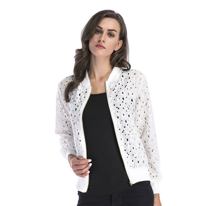 IKEARLAX New autumn new lace hook-up hollow blouse zipper cardigan, long-sleeved jacket women